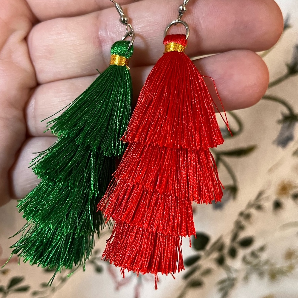 Red and Green Tassel Earrings